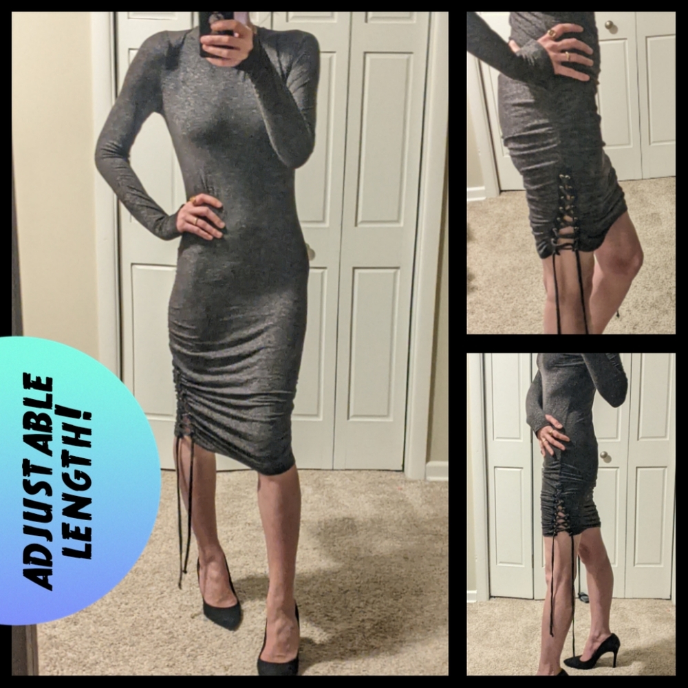 Linen Blend Stretch Athleisure Ruched Midi Bodycon Dress - Picture 2 of 9
